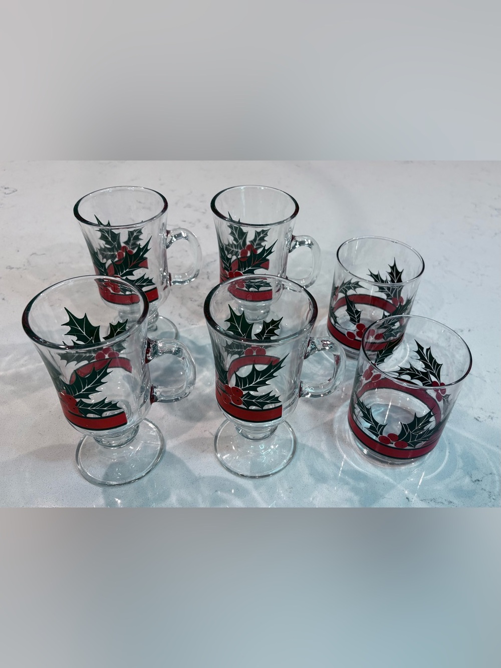 Vintage Holiday Holly Glass Irish Coffee Mugs & Two matching Glasses